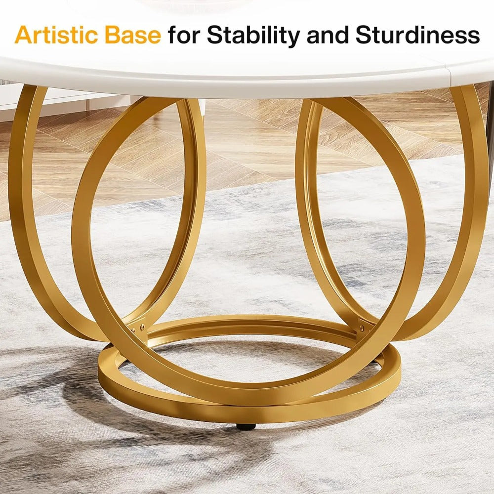 Modern Round Dining Table 47" - White & Gold for 4-6 People