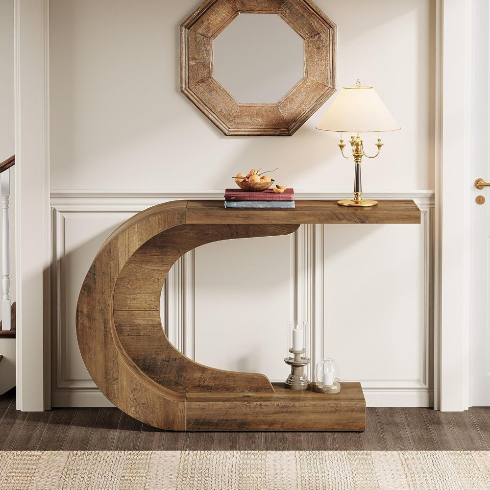 43.3" Mid-Century Modern Console Table for Entryway, Wood C-Shaped Hallway Entry Accent Table for Living Room
