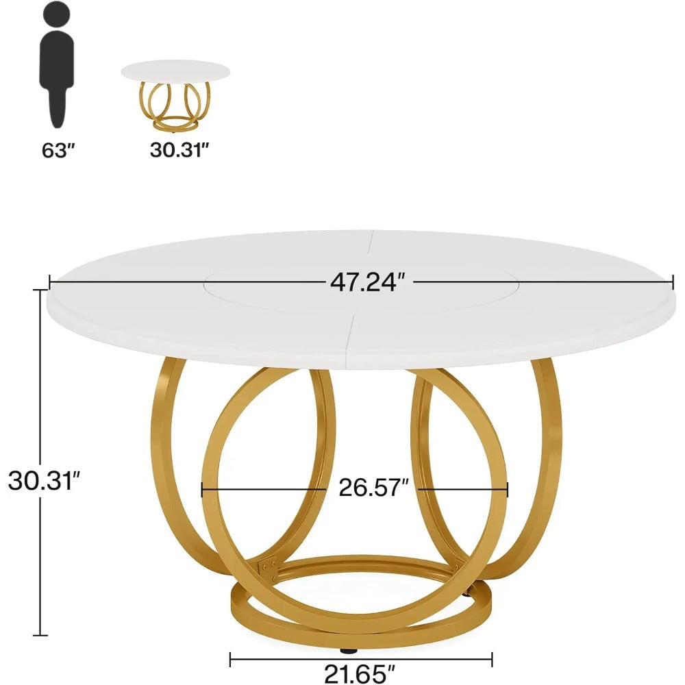 Modern Round Dining Table 47" - White & Gold for 4-6 People