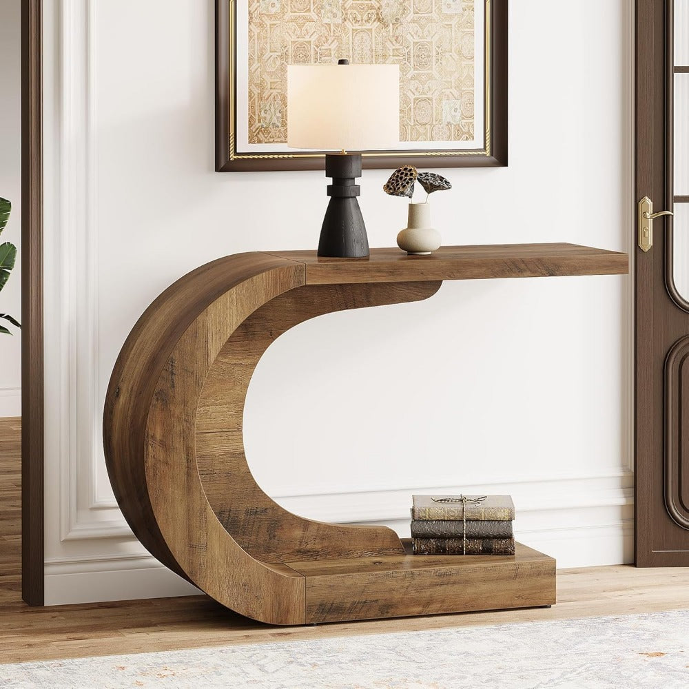 43.3" Mid-Century Modern Console Table for Entryway, Wood C-Shaped Hallway Entry Accent Table for Living Room