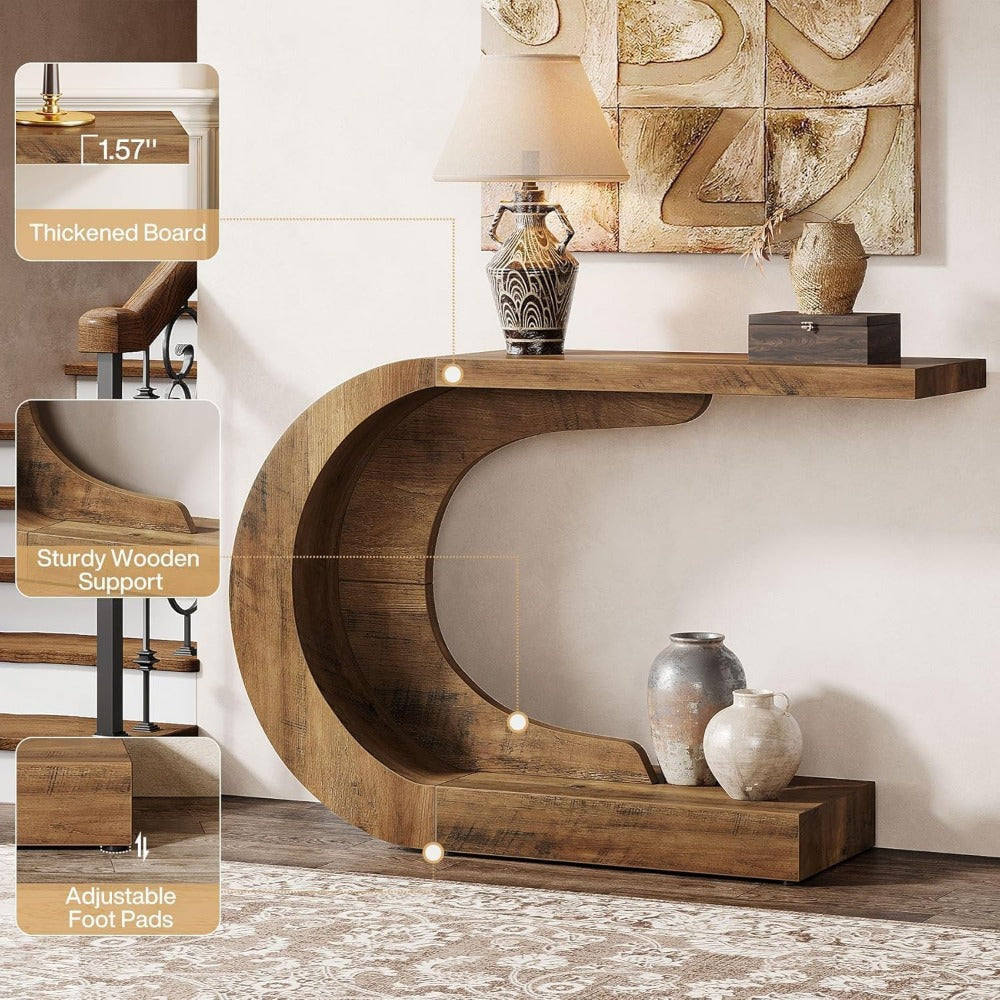 43.3" Mid-Century Modern Console Table for Entryway, Wood C-Shaped Hallway Entry Accent Table for Living Room