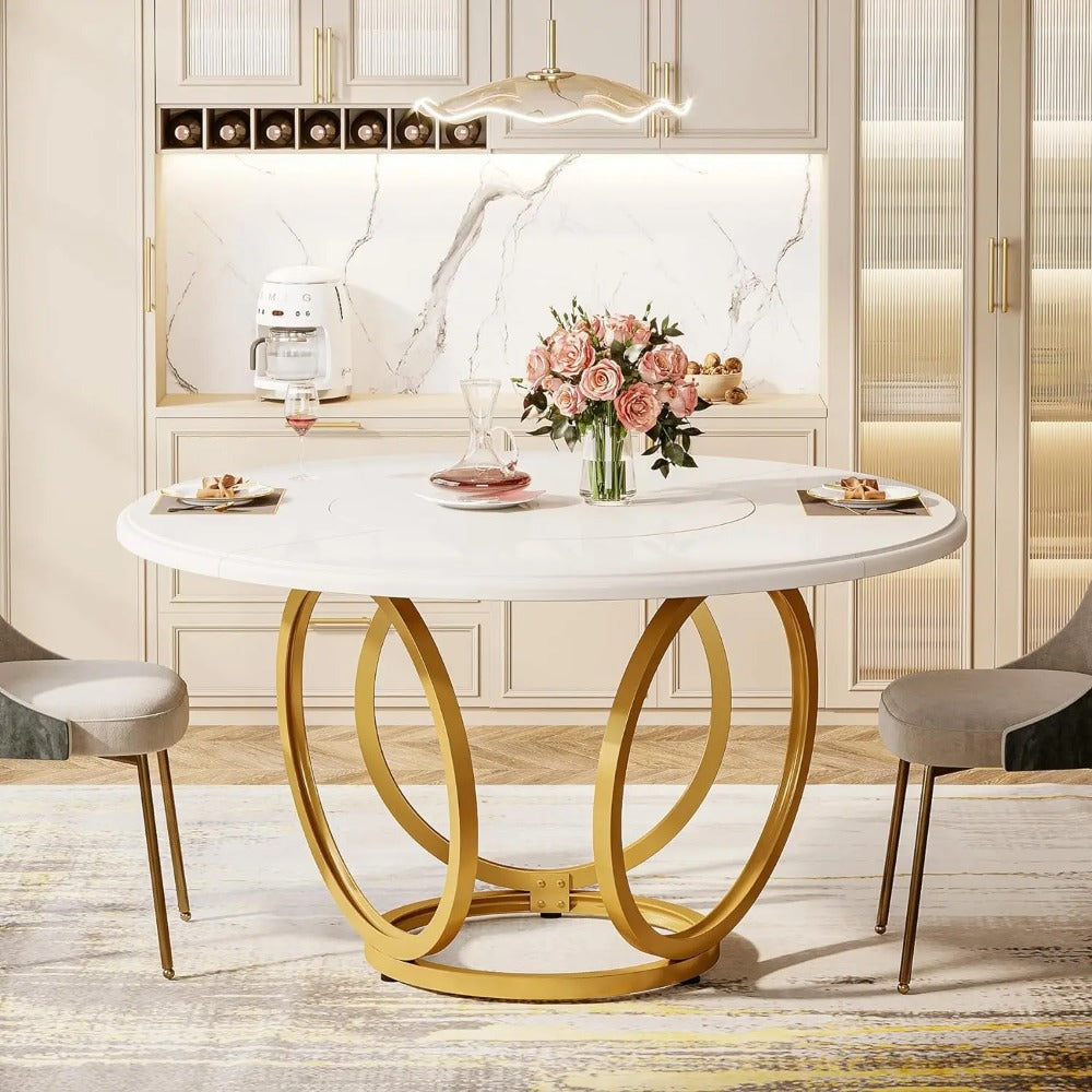 Modern Round Dining Table 47" - White & Gold for 4-6 People