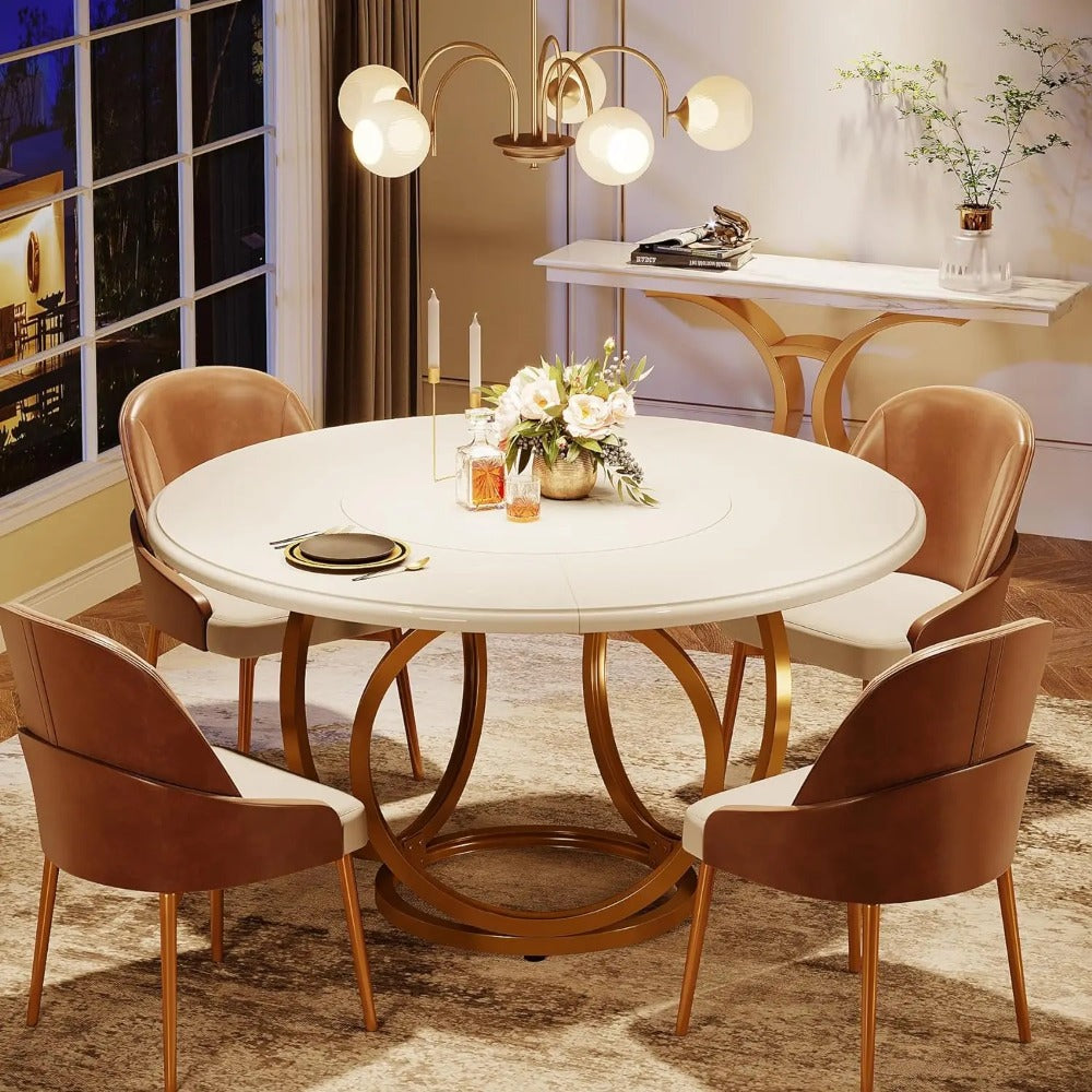 Modern Round Dining Table 47" - White & Gold for 4-6 People