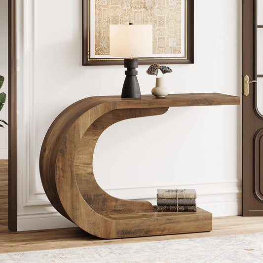 43.3" Mid-Century Modern Console Table for Entryway, Wood C-Shaped Hallway Entry Accent Table for Living Room