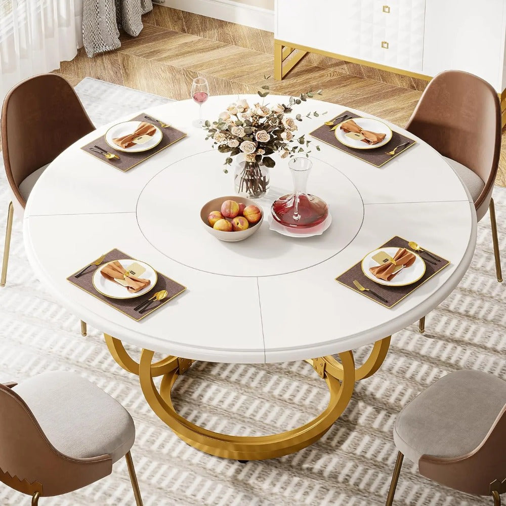 Modern Round Dining Table 47" - White & Gold for 4-6 People