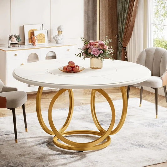 Modern Round Dining Table 47" - White & Gold for 4-6 People